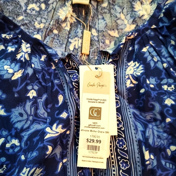 NWT Charlie Paige Blue/White Boho Blouse, S - Picture 2 of 4